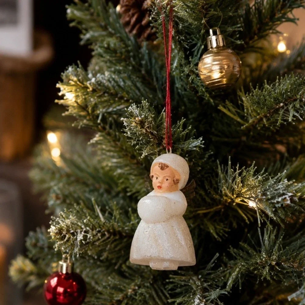 Vintage Style Christmas Angel Ornament White Gold Wings Miniature Holiday Decor